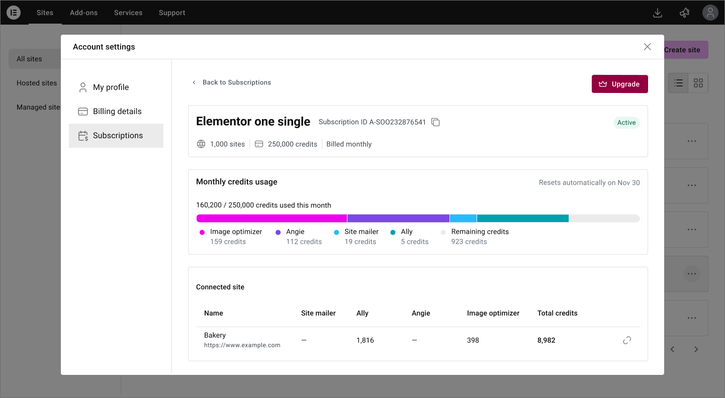 My Elementor subscription view