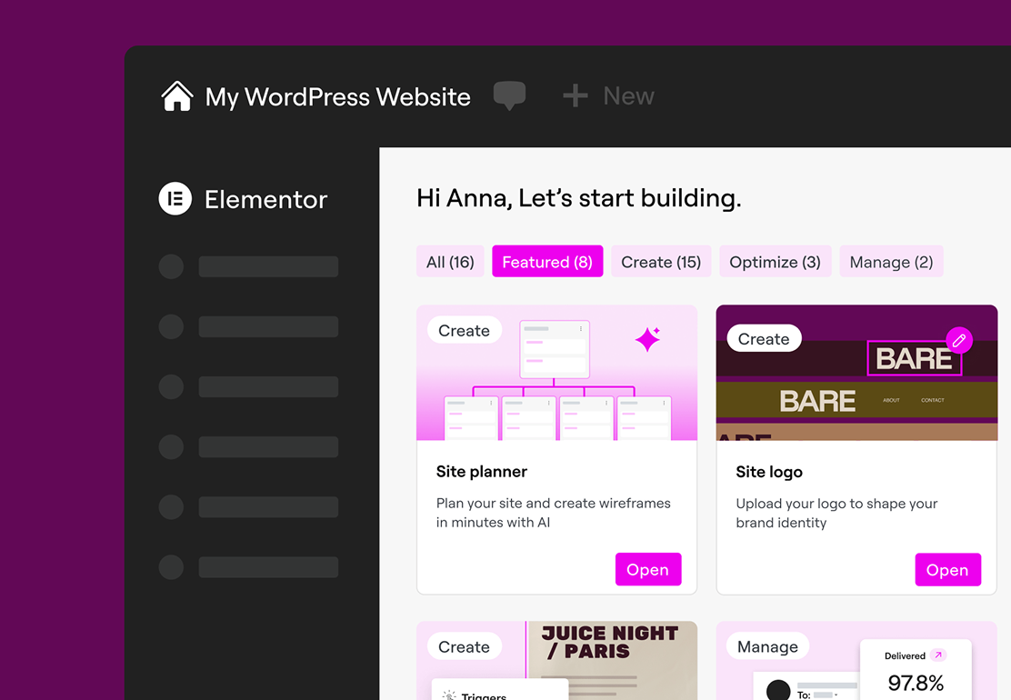 Elementor One dashboard, Let's start building
