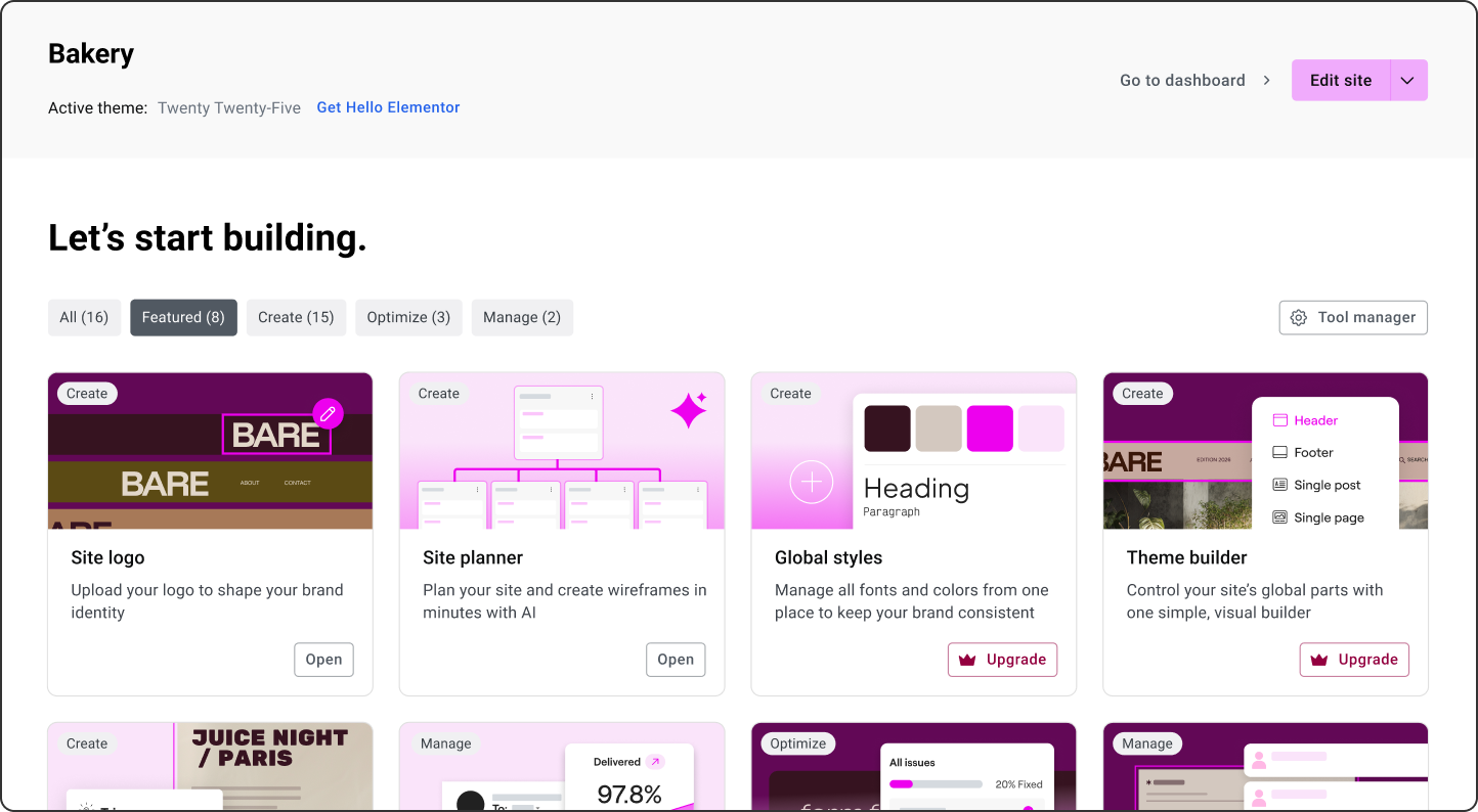 Elementor One dashboard, Let's start building