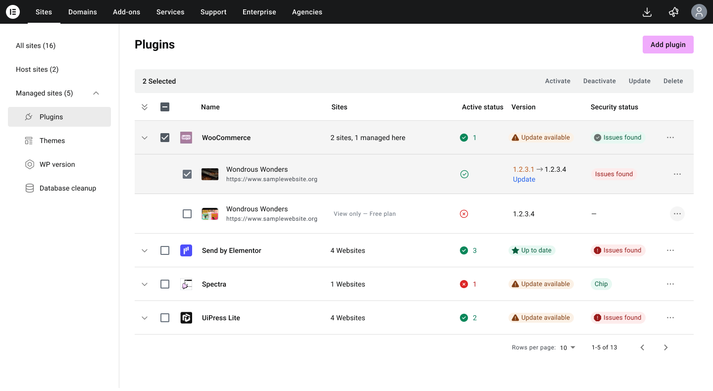 Plugins screen