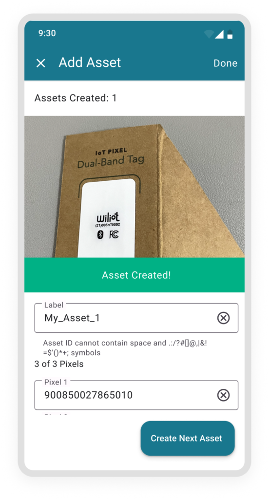 Wiliot deployment app, adding an asset